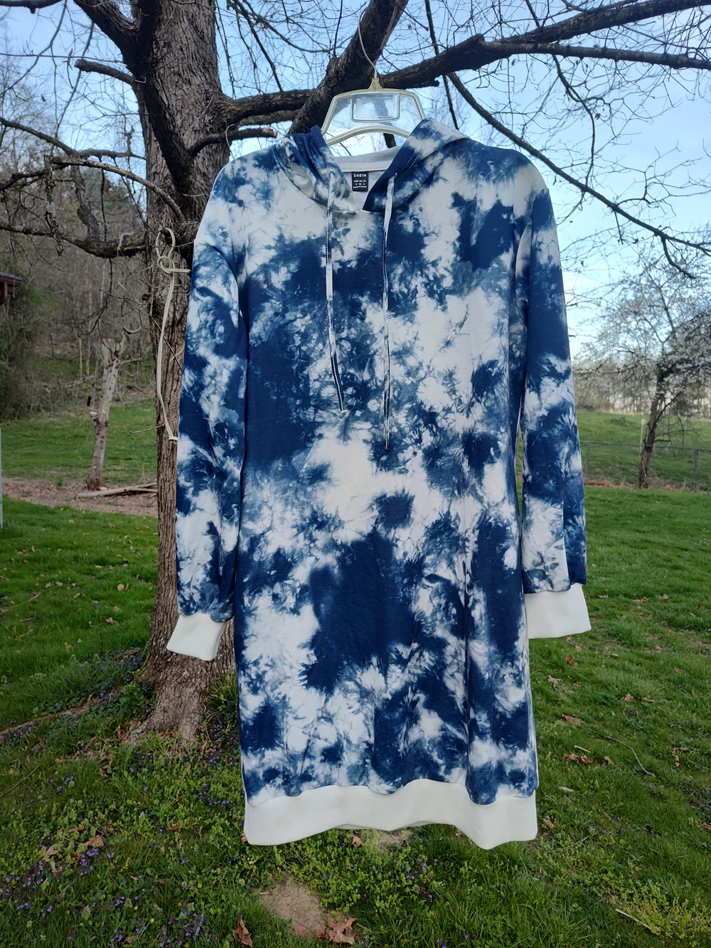 Tie-Dye Hoodie Sweater Dress - Navy & White